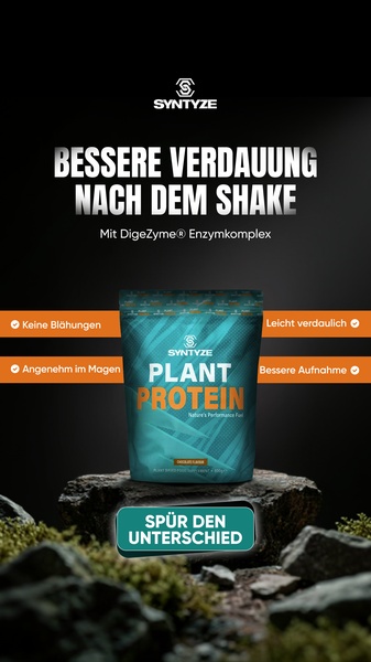 A high-conversion 9:16 ad layout featuring plant protein, focusing on the digestive benefits of the DigeZyme complex to overcome common consumer pain points.